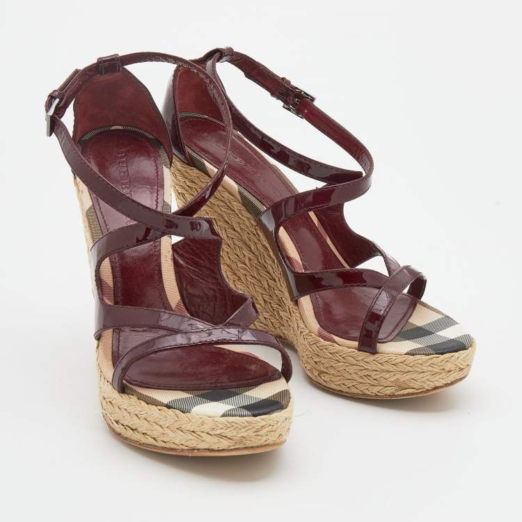 Pre Owned Burberry Burgundy Patent Leather Espadrille Wedge Ankle Strap Sandals Size 39
