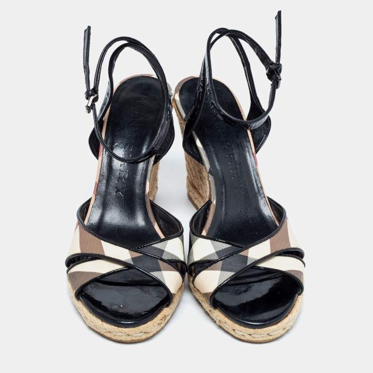 Pre Owned Burberry Tri-Color Nova Check Canvas and Patent Leather Espadrille Wedge Ankle-Strap Sandals Size 40