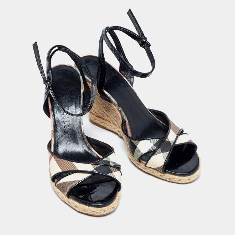 Pre Owned Burberry Tri-Color Nova Check Canvas and Patent Leather Espadrille Wedge Ankle-Strap Sandals Size 40