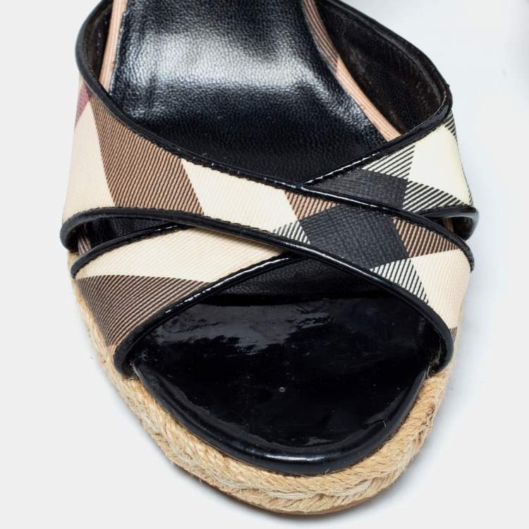 Pre Owned Burberry Tri-Color Nova Check Canvas and Patent Leather Espadrille Wedge Ankle-Strap Sandals Size 40