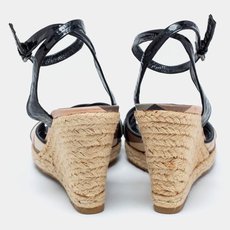 Pre Owned Burberry Tri-Color Nova Check Canvas and Patent Leather Espadrille Wedge Ankle-Strap Sandals Size 40