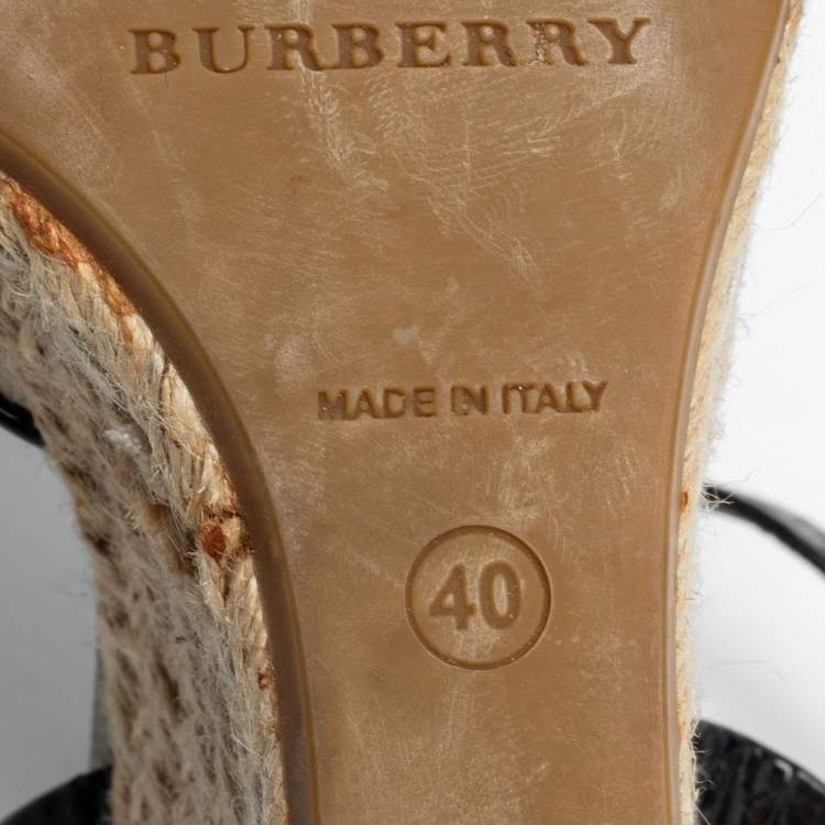 Pre Owned Burberry Tri-Color Nova Check Canvas and Patent Leather Espadrille Wedge Ankle-Strap Sandals Size 40