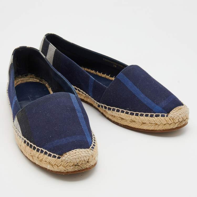 Pre Owned Burberry Navy Blue House Check Canvas Espadrilles Flats Size 38