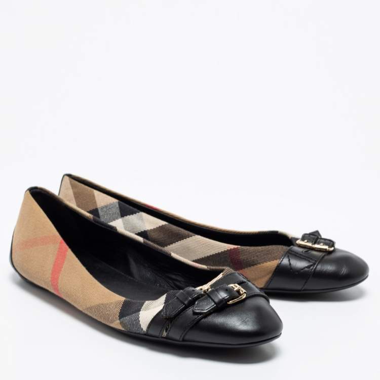 Pre Owned Burberry Black/Beige Leather And Nova Check Canvas Buckle Detail Ballet Flats Size 38.5