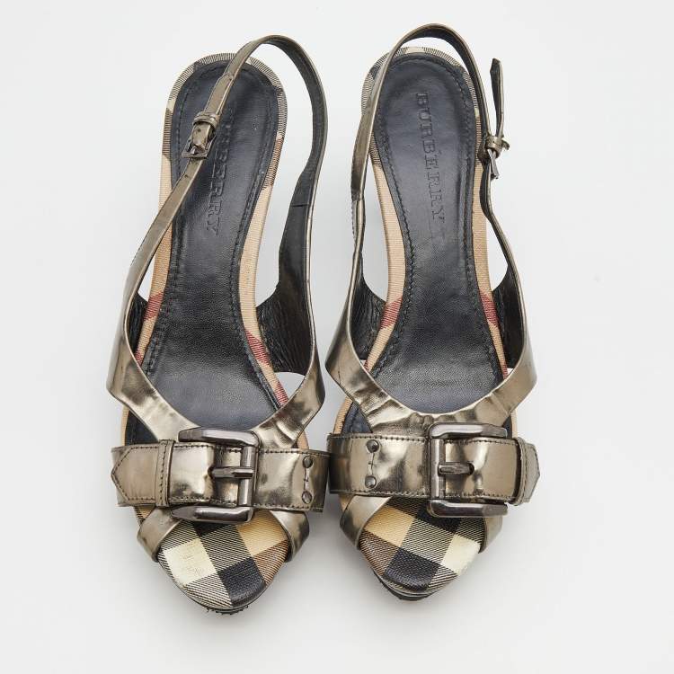 مملوكة مسبقًا Burberry Dark Grey Leather Slingback Platform Sandals Size 40