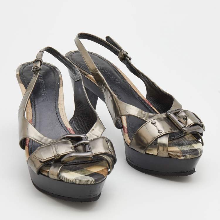 مملوكة مسبقًا Burberry Dark Grey Leather Slingback Platform Sandals Size 40