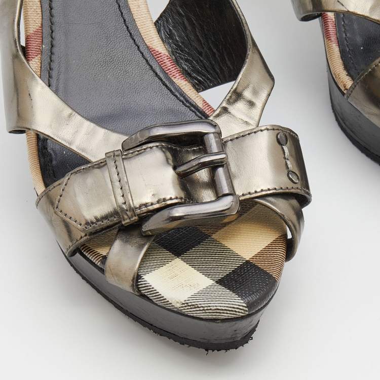 مملوكة مسبقًا Burberry Dark Grey Leather Slingback Platform Sandals Size 40