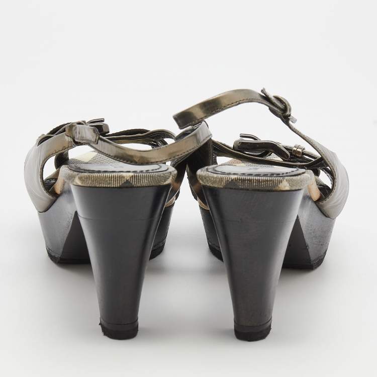 مملوكة مسبقًا Burberry Dark Grey Leather Slingback Platform Sandals Size 40