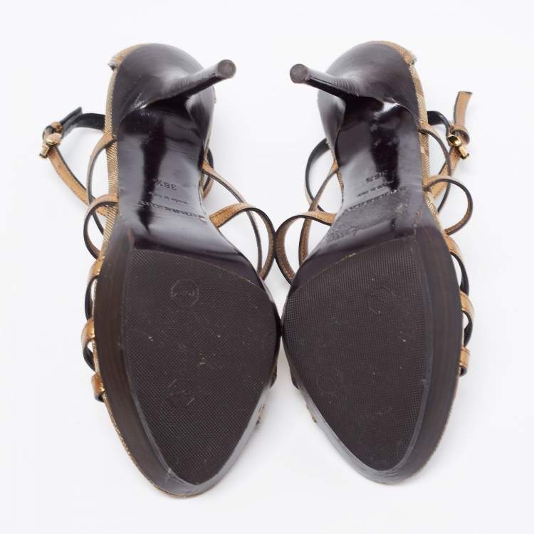 Pre Owned Burberry Two Tone Leather and Canvas Platform Sandals Size 36.5 