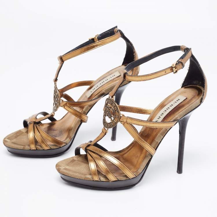 Pre Owned Burberry Two Tone Leather and Canvas Platform Sandals Size 36.5 