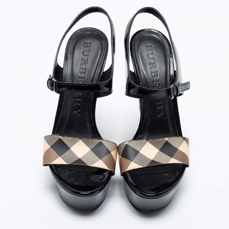 Pre Owned Burberry Black Nova Check Espadrille Platform Wedge Sandals Size 38