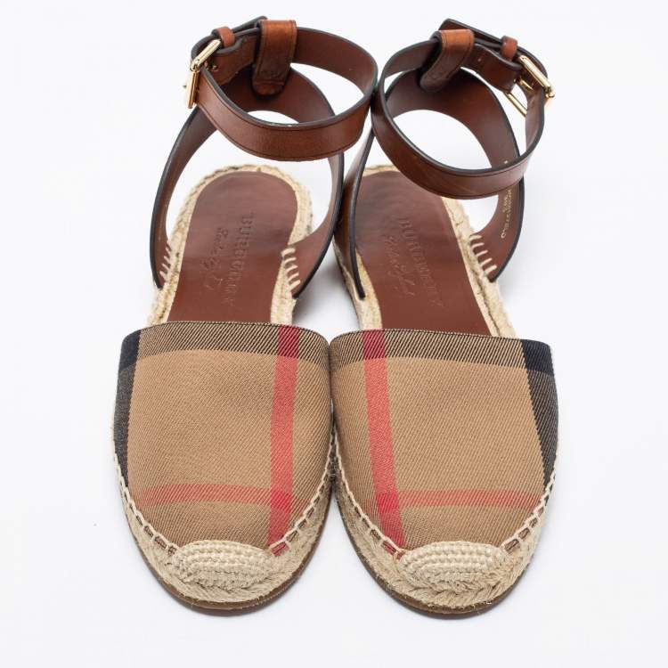 Pre Owned Burberry Beige House Check Canvas Abbingdon Espadrille Flats Size 39.5