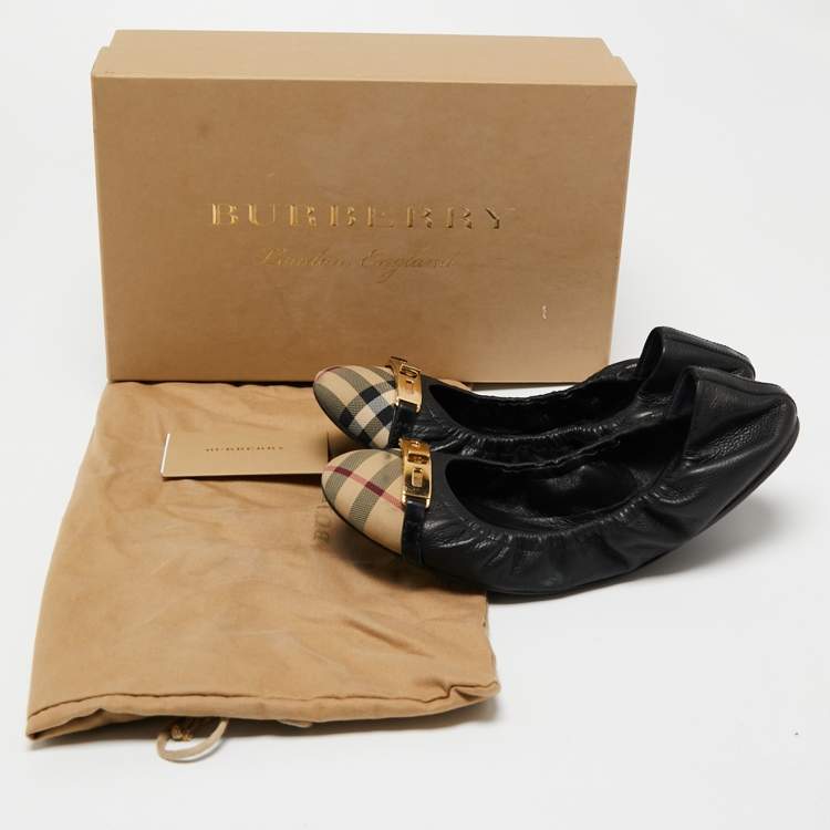 Pre Owned Burberry Black Leather And Canvas Scrunch Ballet Flats Size 39.5