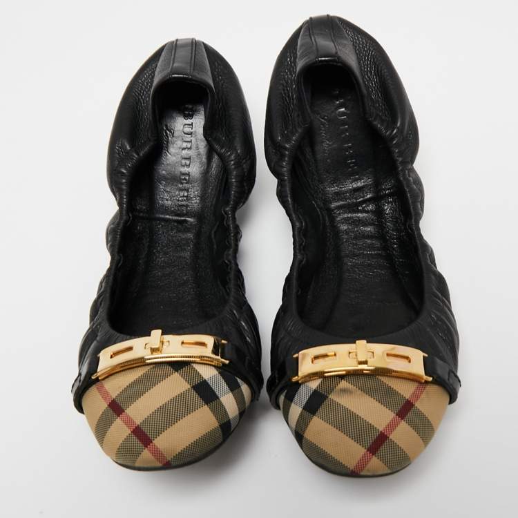 Pre Owned Burberry Black Leather And Canvas Scrunch Ballet Flats Size 39.5