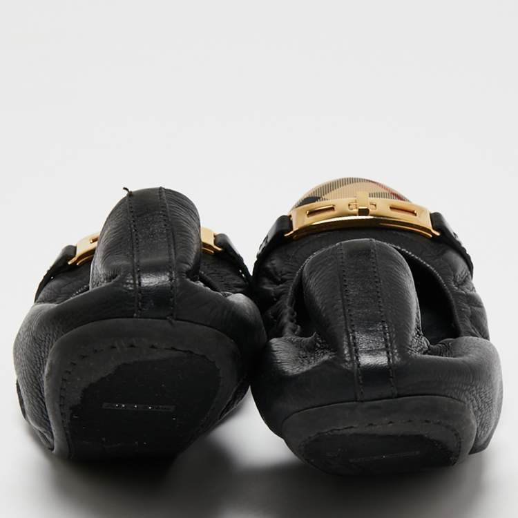 Pre Owned Burberry Black Leather And Canvas Scrunch Ballet Flats Size 39.5