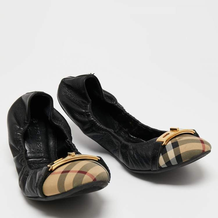 Pre Owned Burberry Black Leather And Canvas Scrunch Ballet Flats Size 39.5