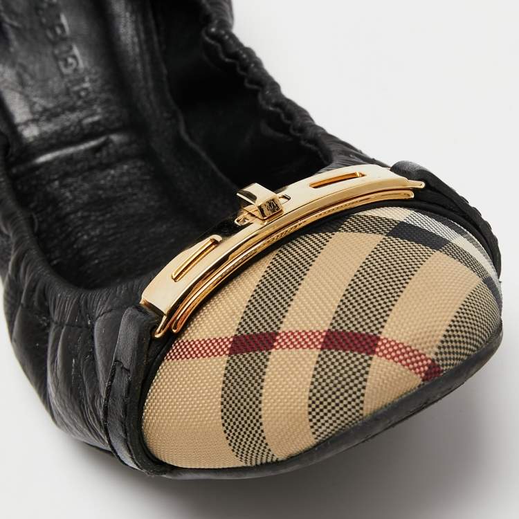 Pre Owned Burberry Black Leather And Canvas Scrunch Ballet Flats Size 39.5