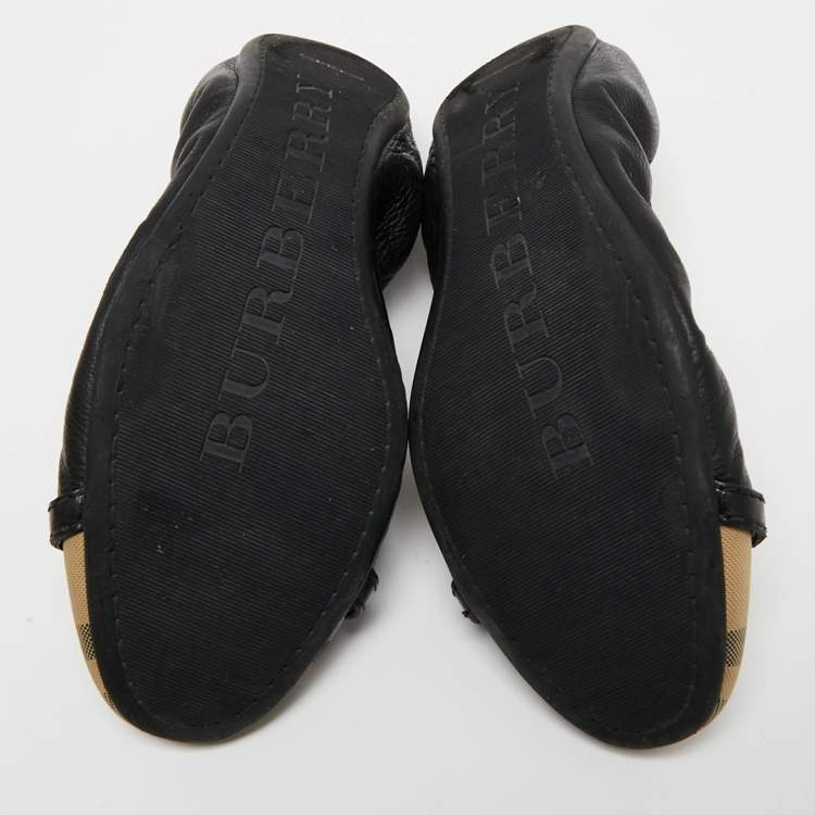 Pre Owned Burberry Black Leather And Canvas Scrunch Ballet Flats Size 39.5