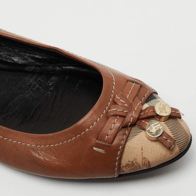 مملوكة مسبقًا Burberry Brown Leather and Haymarket Coated Canvas Toe Cap Bow Ballet Flats Size 36