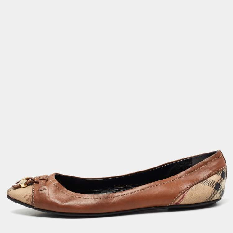 مملوكة مسبقًا Burberry Brown Leather and Haymarket Coated Canvas Toe Cap Bow Ballet Flats Size 36