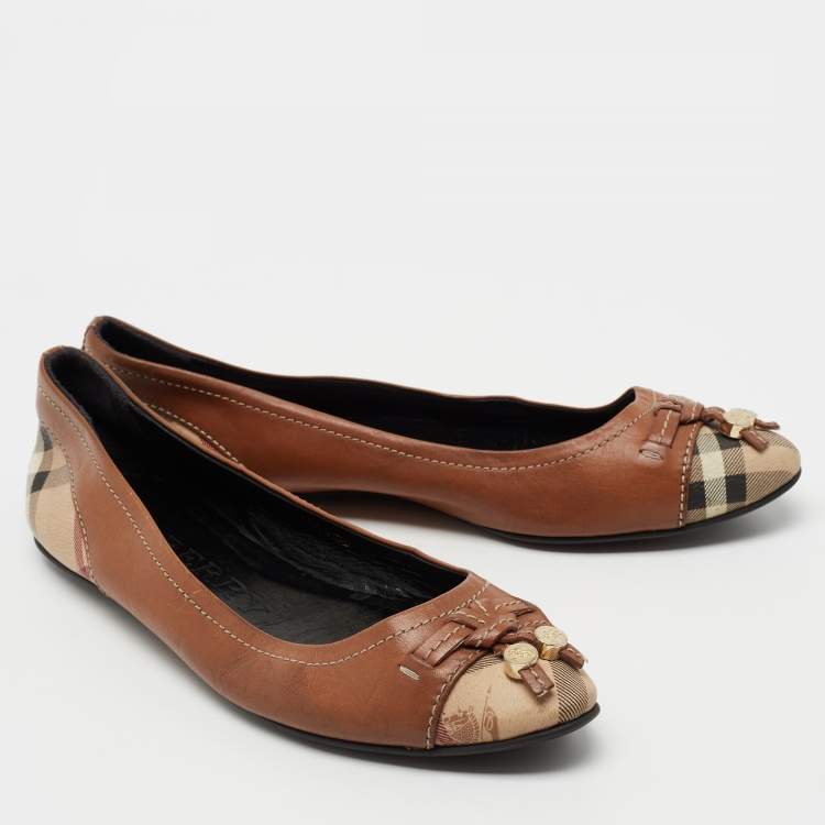 مملوكة مسبقًا Burberry Brown Leather and Haymarket Coated Canvas Toe Cap Bow Ballet Flats Size 36