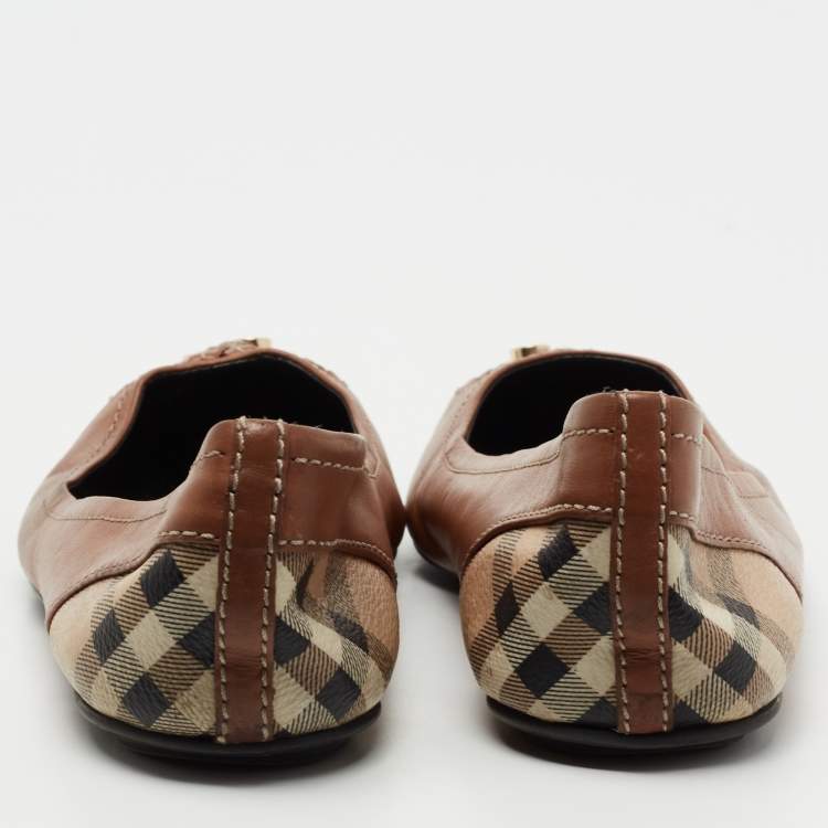 مملوكة مسبقًا Burberry Brown Leather and Haymarket Coated Canvas Toe Cap Bow Ballet Flats Size 36