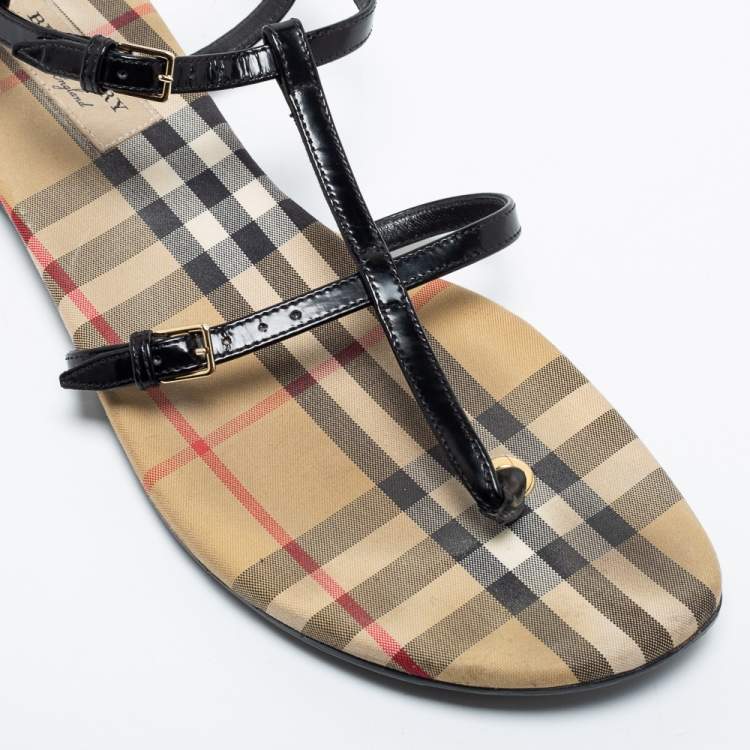 Pre Owned Burberry Black/Beige Nova Check Canvas and Leather Anthea Flats Sandals Size 39