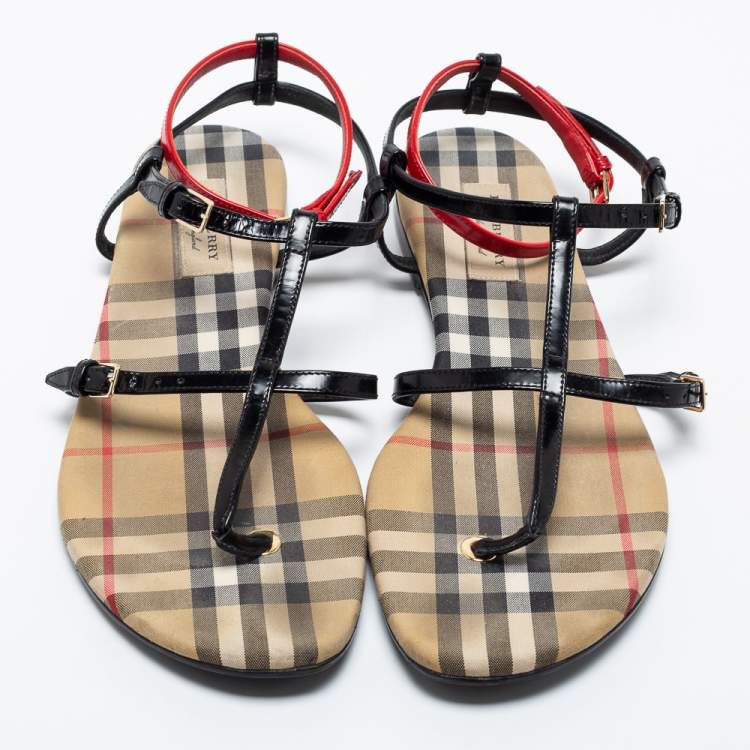 Pre Owned Burberry Black/Beige Nova Check Canvas and Leather Anthea Flats Sandals Size 39