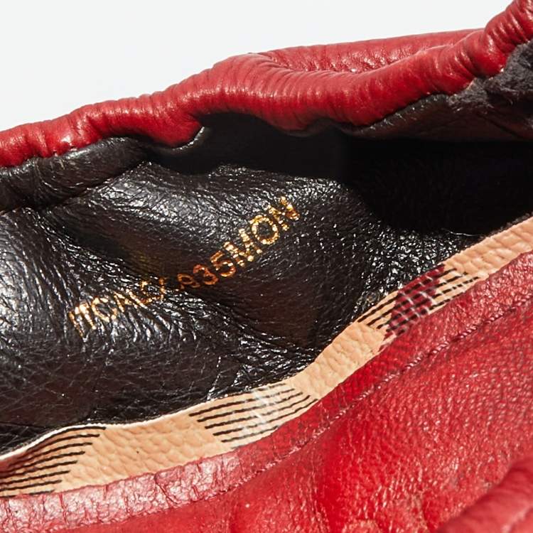 Pre Owned Burberry Red/Beige Leather And Haymarket Check Coated Canvas Scrunch Ballet Flats Size 41