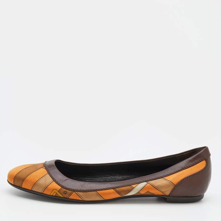Pre Owned Burberry Brown/Orange Leather And Satin Ballet Flats Size 36