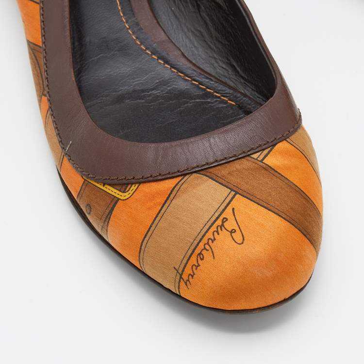 Pre Owned Burberry Brown/Orange Leather And Satin Ballet Flats Size 36