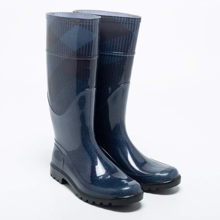 Pre Owned Burberry  Navy Blue Rubber Rain Boots Size 37