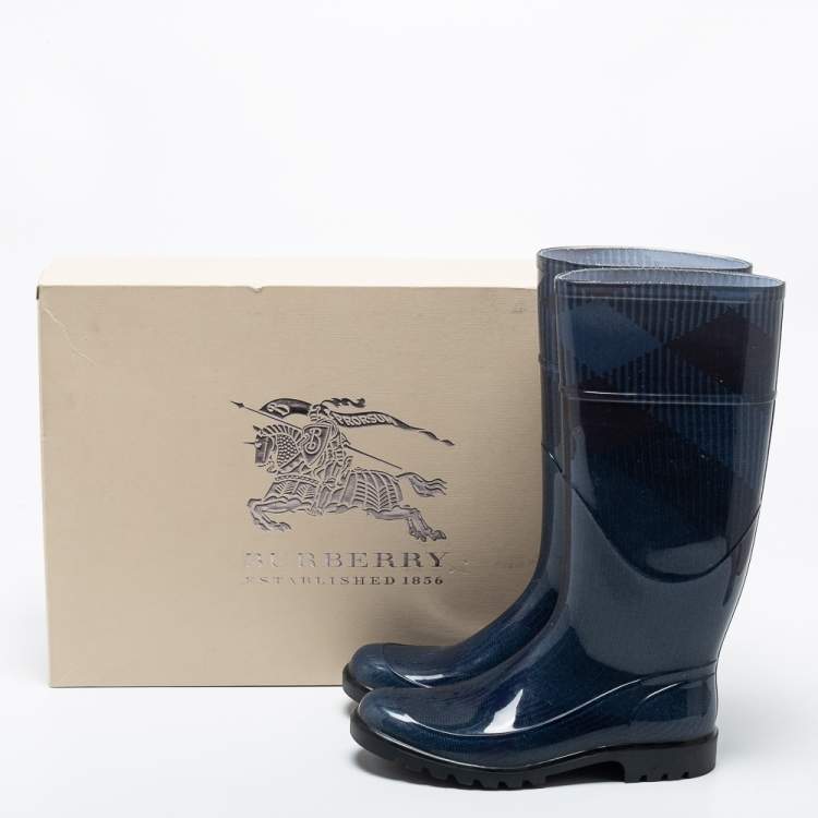 Pre Owned Burberry  Navy Blue Rubber Rain Boots Size 37