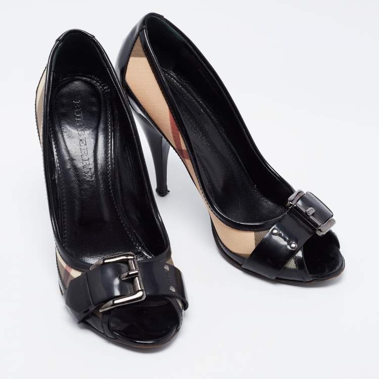 Pre Owned Burberry Black/Beige Nova Check Coated Canvas and Leather Buckle Peep Toe Pumps Size 39