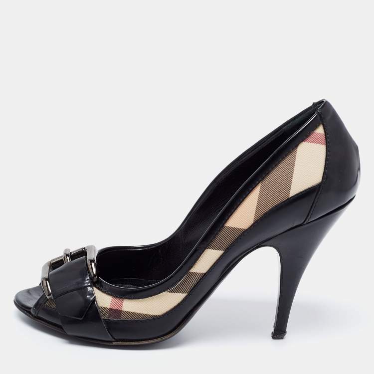 Pre Owned Burberry Black/Beige Nova Check Coated Canvas and Leather Buckle Peep Toe Pumps Size 39