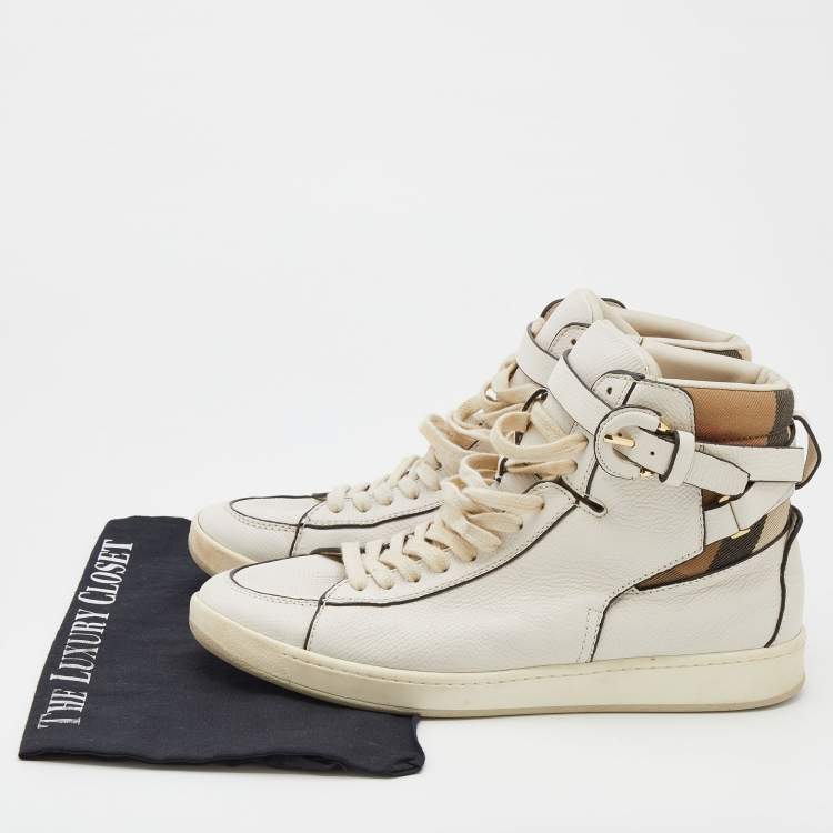 Pre Owned Burberry White/Beige Leather and Nova Check Canvas High Top Sneakers Size 41