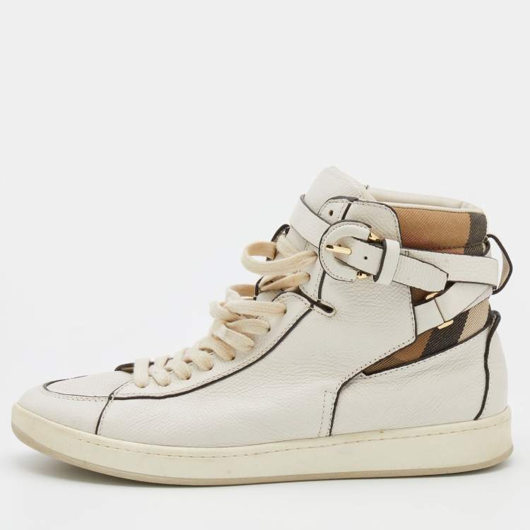 Pre Owned Burberry White/Beige Leather and Nova Check Canvas High Top Sneakers Size 41