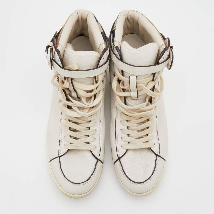 Pre Owned Burberry White/Beige Leather and Nova Check Canvas High Top Sneakers Size 41