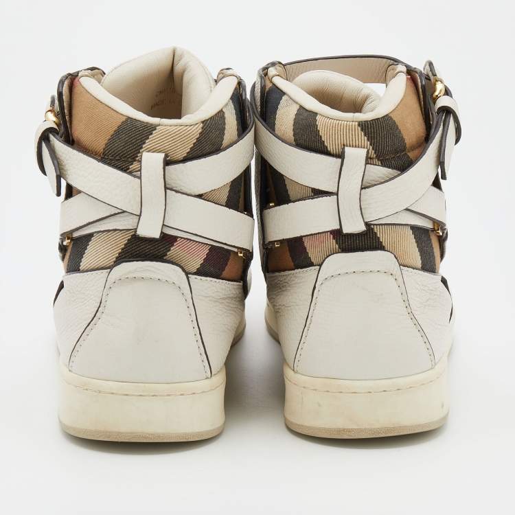 Pre Owned Burberry White/Beige Leather and Nova Check Canvas High Top Sneakers Size 41