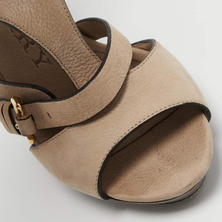 Pre Owned Burberry Beige Nubuck Leather Platform Ankle Cuff Sandals  Size 38
