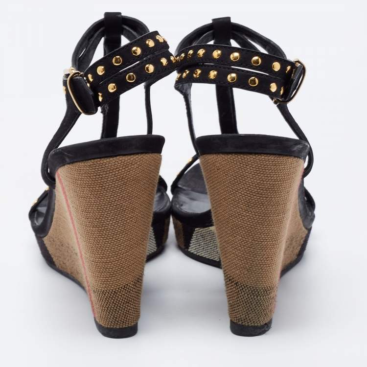 Pre Owned Burberry Black Leather Studded Platform Wedge Sandals Size 40