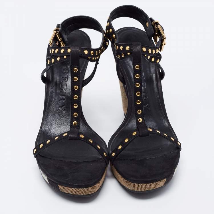 Pre Owned Burberry Black Leather Studded Platform Wedge Sandals Size 40