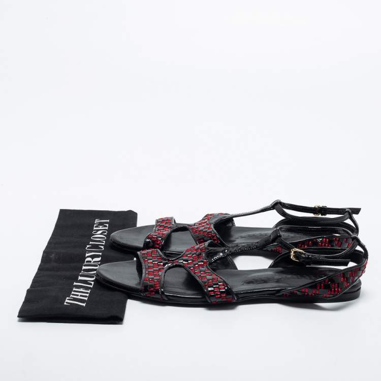 Pre Owned Burberry Black/Red Patent Leather Flat Sandals Size 40