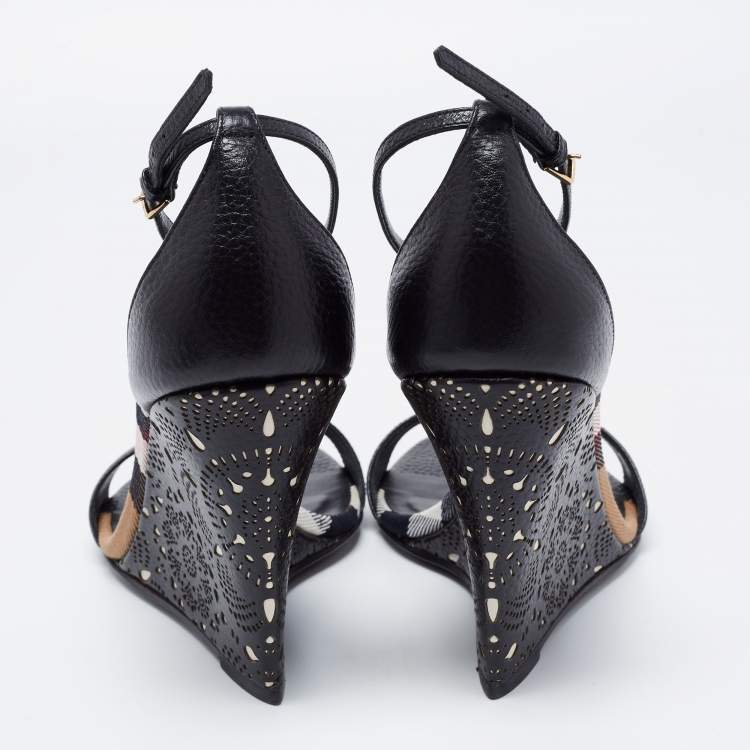 Pre Owned Burberry Black Leather Ankle Strap Wedge Sandals Size 38.5
