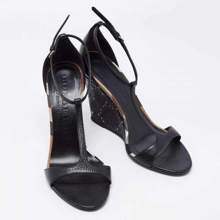 Pre Owned Burberry Black Leather Ankle Strap Wedge Sandals Size 38.5