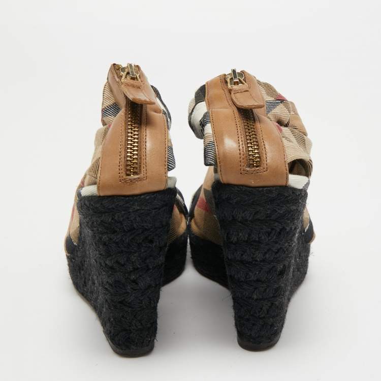 Pre Owned Burberry Light Brown Nova Check Canvas Ankle Strap Wedge Sandals Size 41