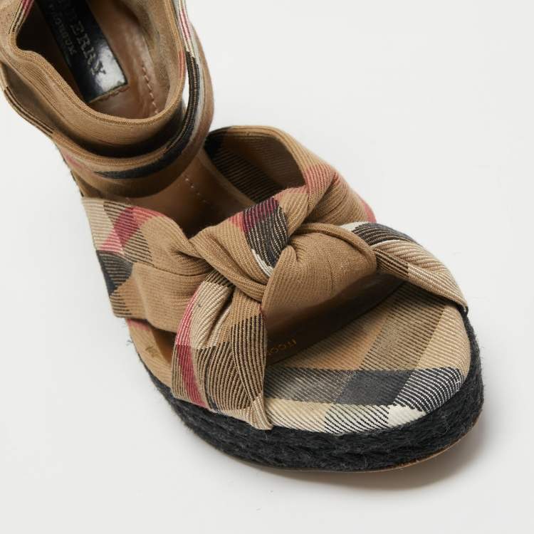 Pre Owned Burberry Light Brown Nova Check Canvas Ankle Strap Wedge Sandals Size 41