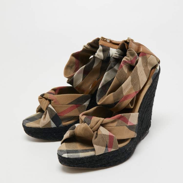 Pre Owned Burberry Light Brown Nova Check Canvas Ankle Strap Wedge Sandals Size 41