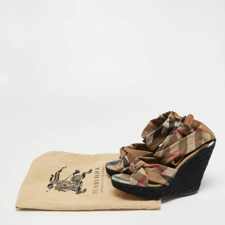 Pre Owned Burberry Light Brown Nova Check Canvas Ankle Strap Wedge Sandals Size 41