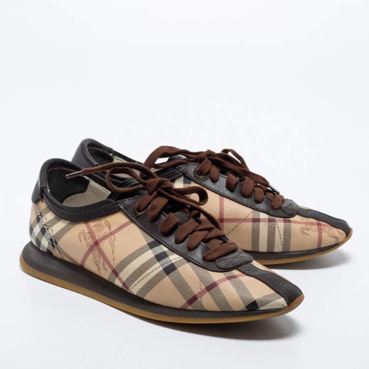 Pre Owned Burberry Beige/Brown Nova Check Leather Low Top Sneakers Size 38